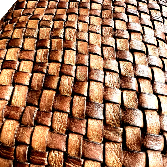 Bruno Magli Woven Leather Satchel Weekender Travel Bag Cognac Brown - Picture 14 of 16